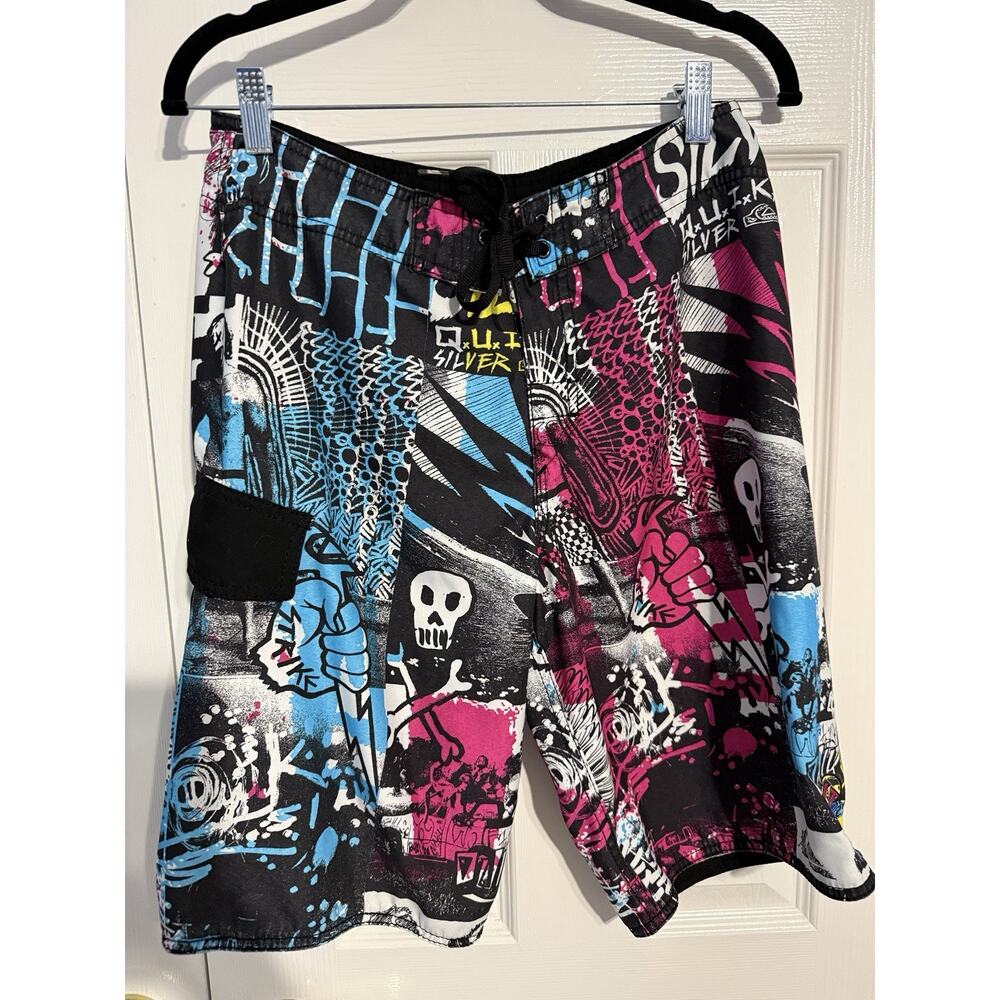Quiksilver Board Shorts Mens 29 Graphic Skull Surf Swim Trunks Pink Blue Black